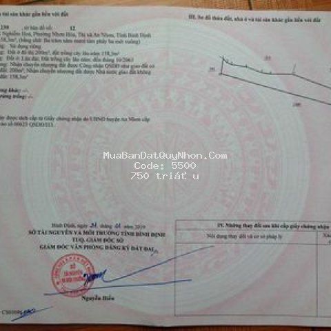 Bán đất 358m2, nhơn hoà, an nhơn, có sổ, có thổ cư