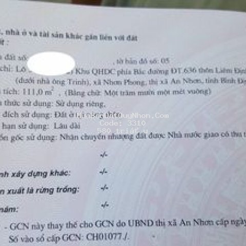 Bán lỗ đất khu qhdc liêm định nhơn phong an nhơn