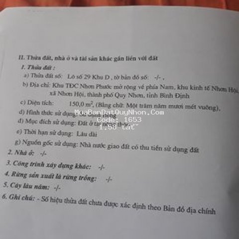 Cần bán nhanh lô đất khu tđc nhơn phước-nhơn hội