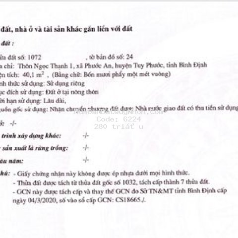 đất huyện tuy phước 40m²