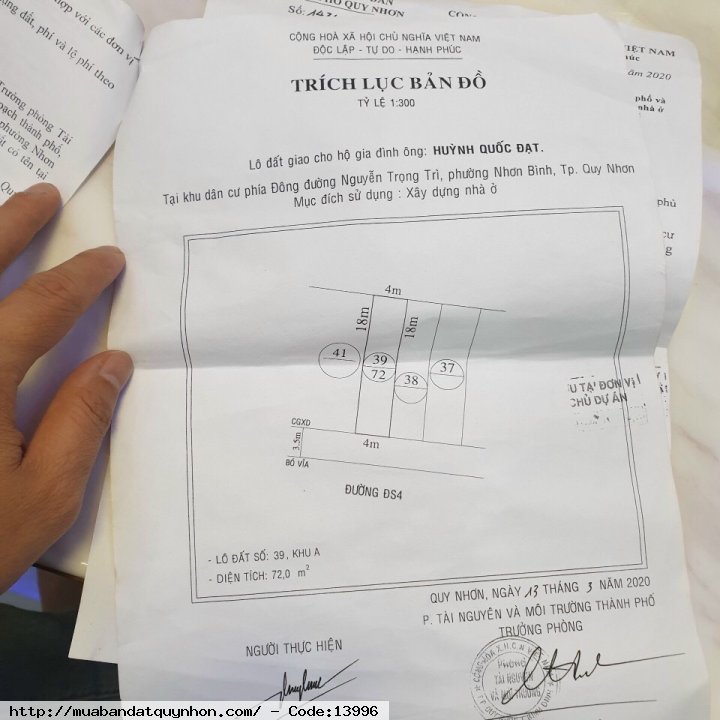 Bán đất khu dân cư phía Đông đường Nguyễn Trọng Trì_P Nhơn Bình_TP Quy Nhơn  - Diện tích: 72m2 ngang 4m - Hướng: Nam - Giá bán: 2 tỷ 750 triệu