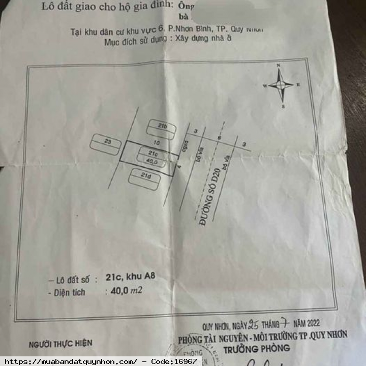 Bán lô đất Khu vực 6 , p Nhơn Bình - Quy Nhơn - Diện tích 40m2 - Hướng đông nam - Giá 1 tỉ 470 tr