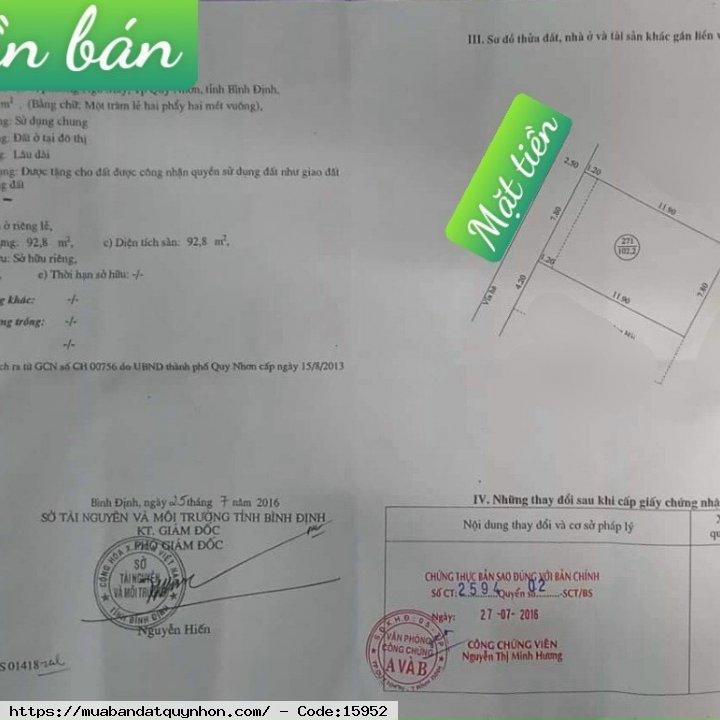 Bán nhà mặt tiền gần biển Quy Nhơn - Diện tích: 102,2m2 ngang 7,8m - Kết cấu: nhà 2 tầng gồm 7 phòng trọ & 1 phòng lớn cho gia đình. Hiện đang cho thuê kín phòng, thu nhập gần 20 triệu/tháng. - Vị trí gần biển, gần siêu thị, gần trường đại học, gần chợ...