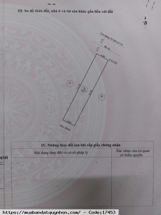 Cần bán lô đất - Giá chốt: 2 tỷ 350 triệu, đường Tú Mỡ - P Nhơn Bình - TP Quy Nhơn - Diện tích: 89,22 m2 - Pháp lý: Sổ đỏ g