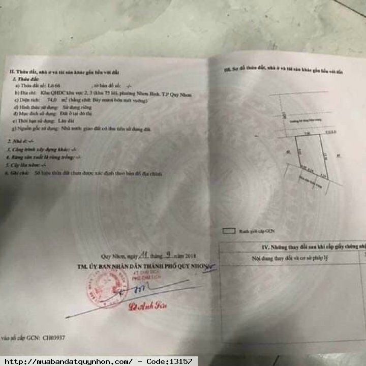 Cần bán lô đất mặt tiền đường Trần Thúc Tự_Nhơn Binh_TP Quy Nhơn (Khu chợ dinh) - Dt 74m2 ngang 7m. Thích hợp kinh doanh mua bán. Hoặc mở quán cfe. Giá 1 tỷ 850 