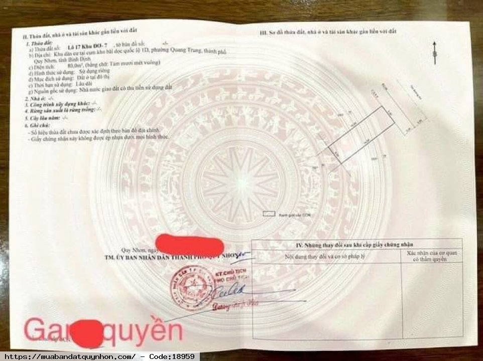 Bán Một lô duy nhất đất trung tâm Tp , gần siêu thị big c, gần bến xe, gần biển - P Quang Trung - Tp Quy Nhơn - Dt : 80m2 ( ngang 5m* 16 m) - Giá 3 tỷ 680 triệu