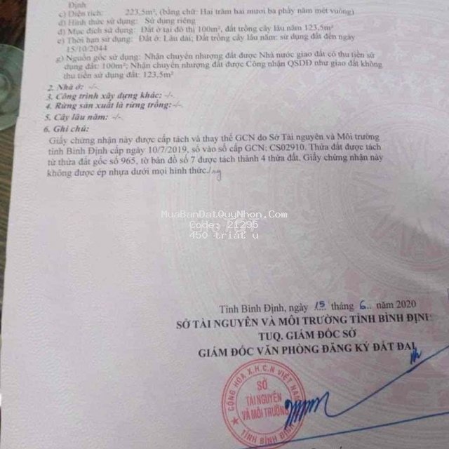 Trường an i, hoài thanh tx hoài nhơn bình định  dt 223.5m2