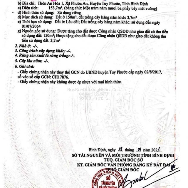 Chính chủ cần bán lô đất tại thôn an hoà 1, xã phước an, huyện tuy phư