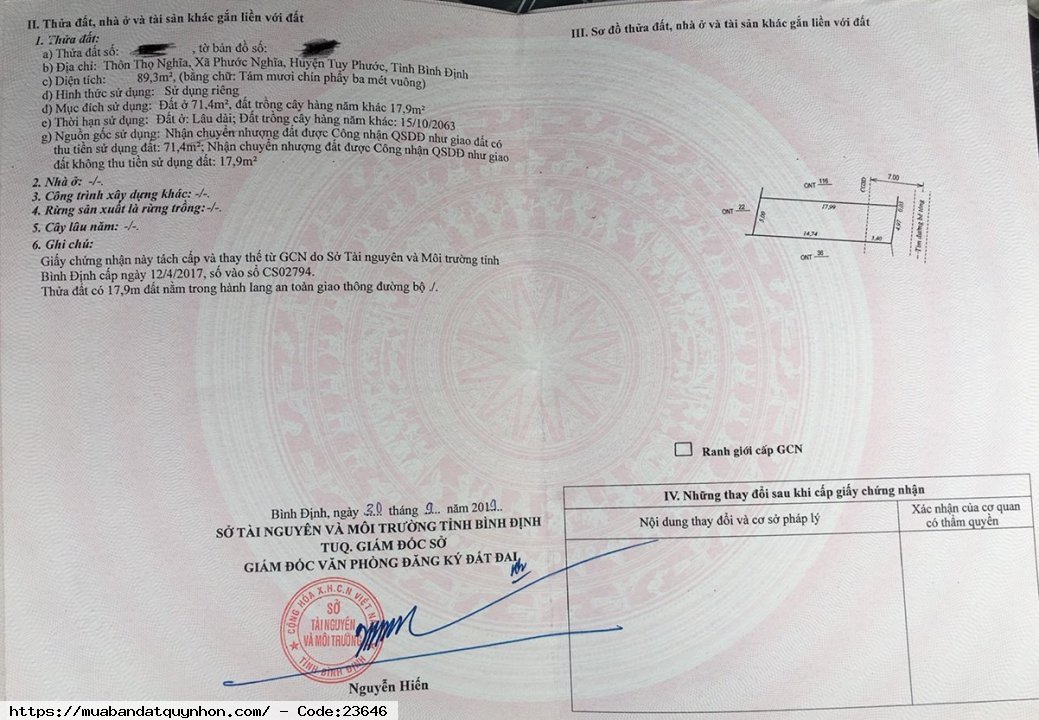 Bán đất chính chủ 89.3m² tại Phước Nghĩa, Tuy Phước, hướng Đông Nam Bán đất chính chủ 89.3m² tại Phước Nghĩa, Tuy Phước, hướng Đông Nam