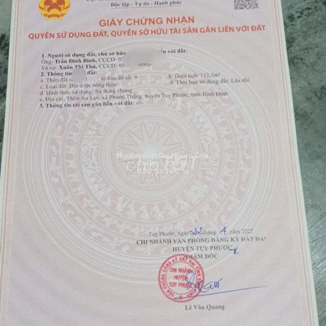 Bán đất gần thành phố quy nhơn bình định.diện tích:113,5m2. có sổ hồng