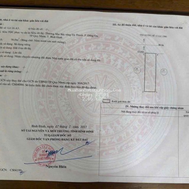 Bán lô đất cầu 2 hà thanh, quy nhơn