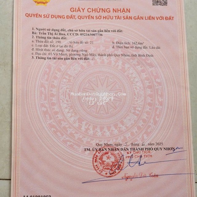 Chính chủ cần bán đất mặt tiền võ mười p. ngô mây trung tâm quy nhơn