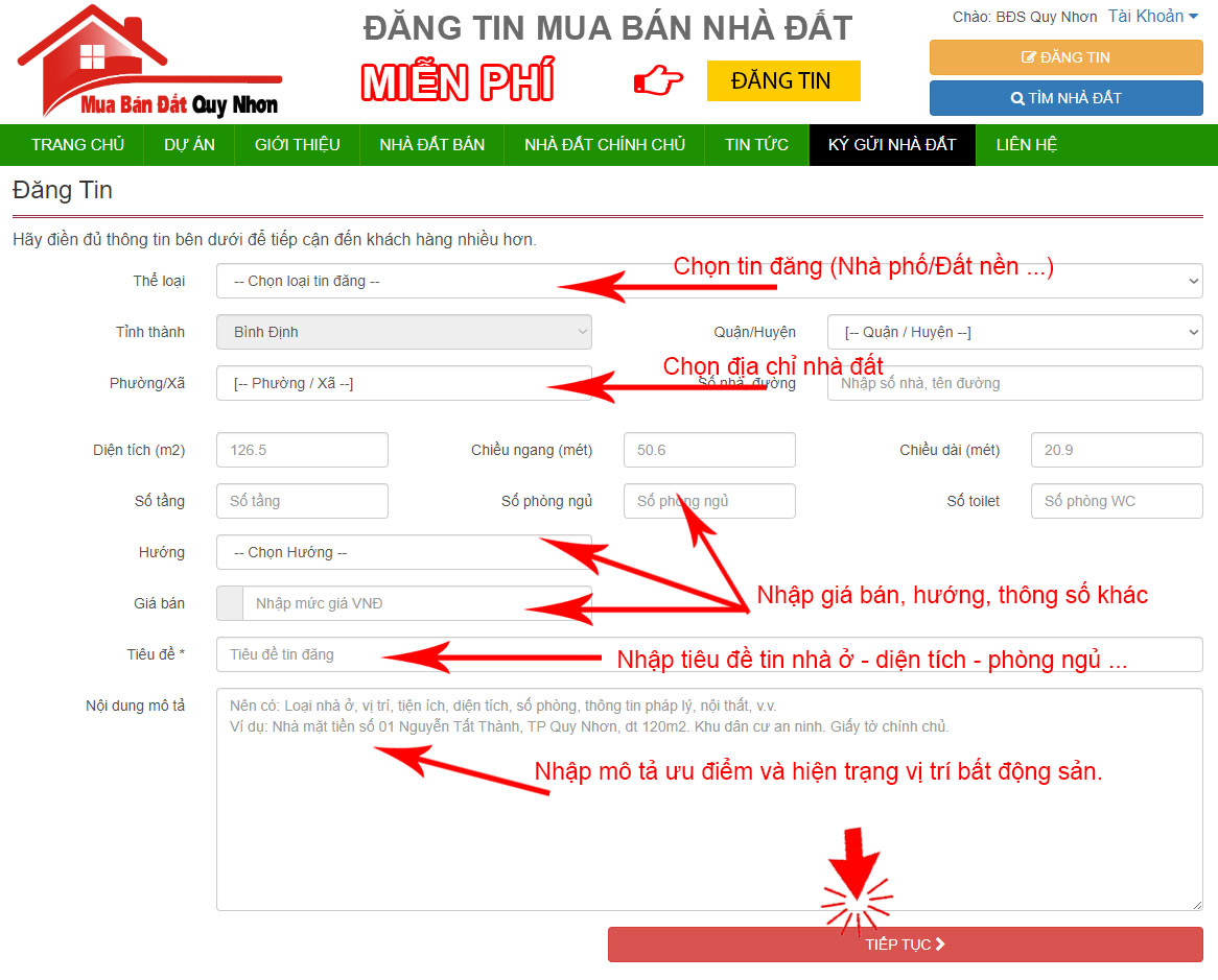 Hướng dẫn nhập thông tin đăng tin mua bán nhà đất tại Quy Nhơn